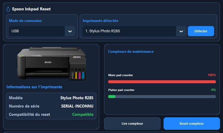 Inkpad Reset software interface: printer detected and maintenance counters at 100% and 4%